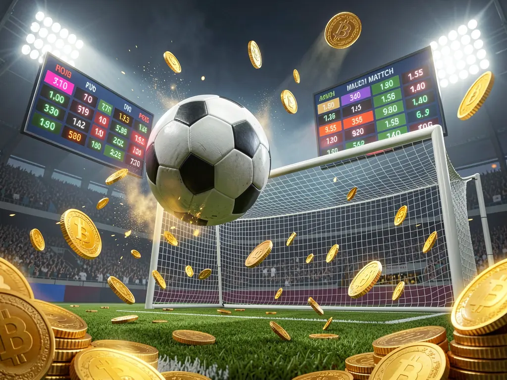 TK QQ COM premium match betting visual featuring a soccer ball flying toward the goal in a stadium with floodlights, glowing odds interface, and golden coins creating a dynamic sports betting atmosphere