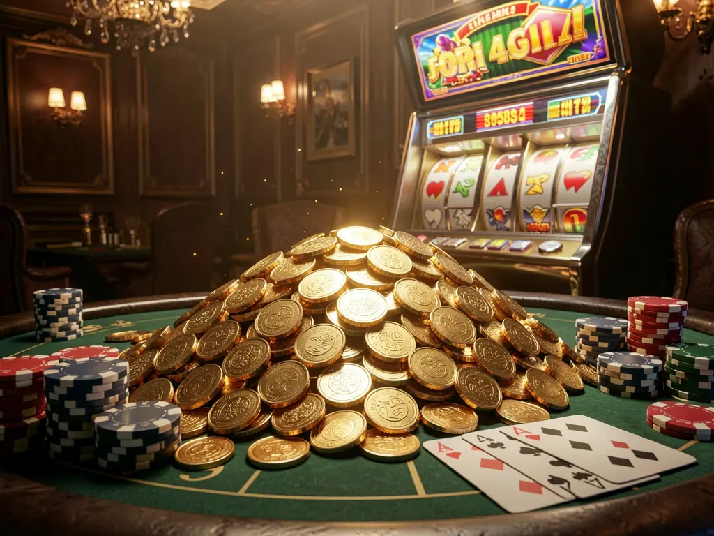 TK QQ COM online casino jackpot bonus scene featuring a massive pile of golden coins, a slot machine in the background with glowing jackpot lights, poker chips and playing cards on a luxury table under dramatic cinematic lighting
