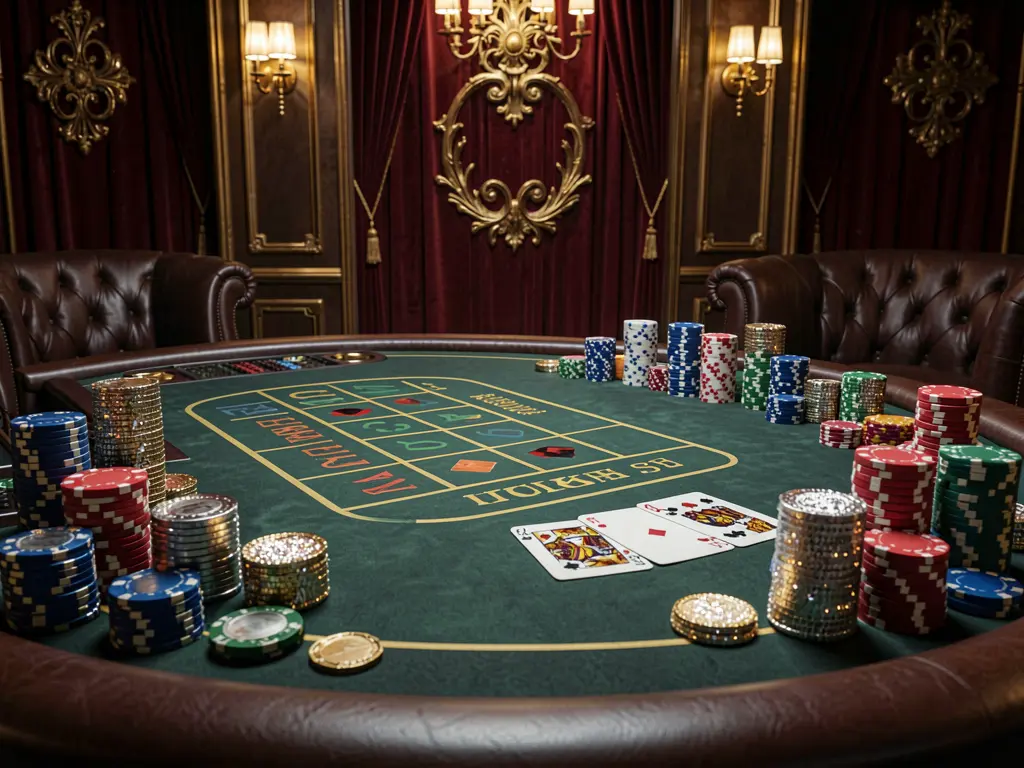 Luxury casino scene featuring a blackjack table with poker cards, stacks of chips, and sparkling coins against a dark red and gold background, showcasing the elegant TK QQ COM brand atmosphere