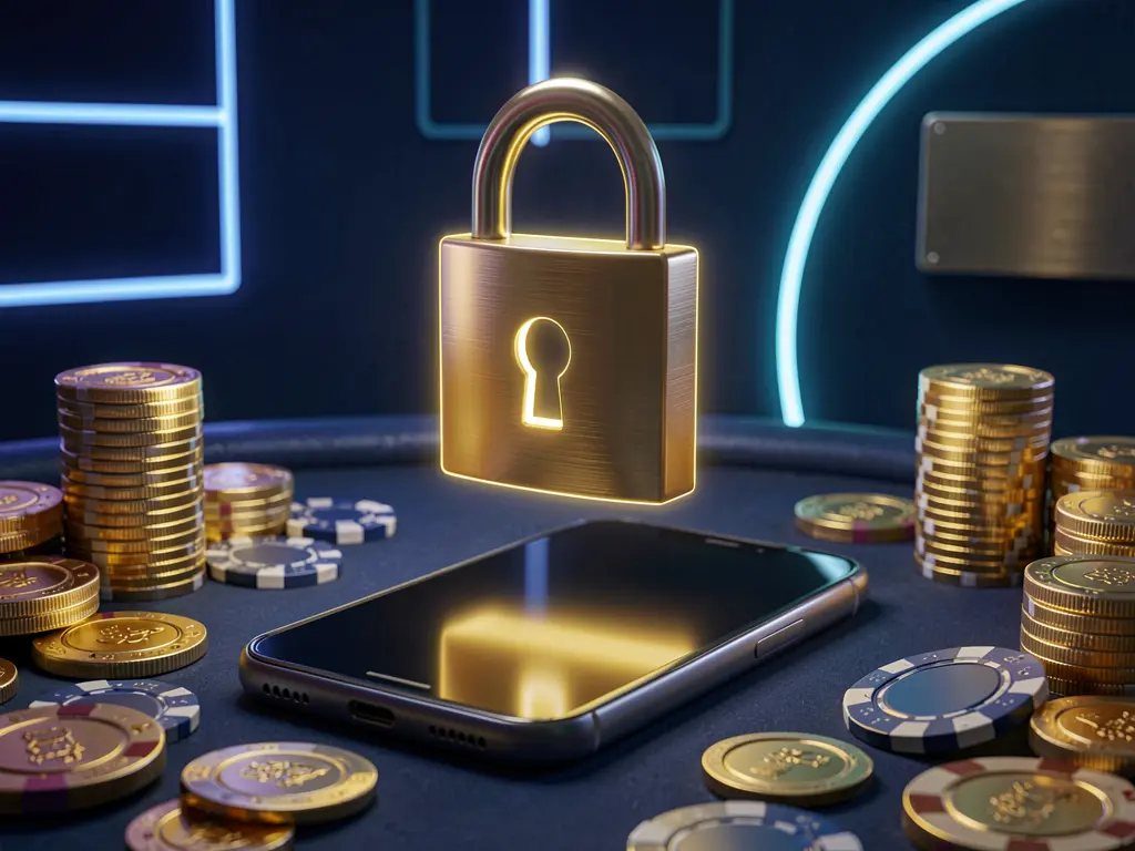TK QQ COM casino login security image showing a glowing padlock floating above a smartphone with golden coins and chips scattered around on a dark blue neon background in a premium realistic 3D render